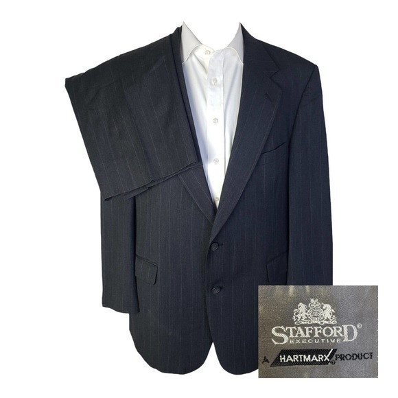 Stafford Vintage Gray Pinstripe Wool‎ Two Button 2 Piece Suit Mens 46R 38x28